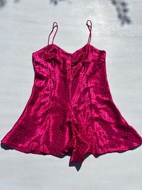VTG Cacique Lengine Pink Polka Dot Satin Teddy Snap Crotch Romper M Y2K Lingerie